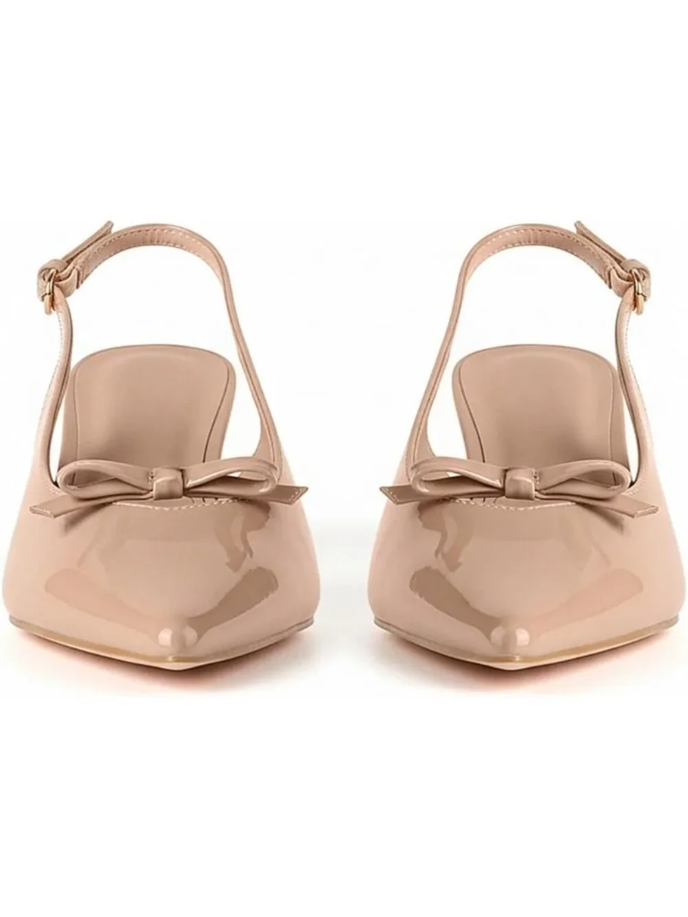 Women's Beige Patent Kitten Heels w/ Bow Pointed Close Toe Pumps Dress Shoes